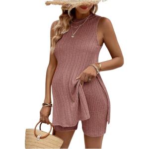 imageMakeMeChic Womens Maternity Pajama Set Loungewear Knit Tank Tops Biker Shorts Pregnancy SetPink