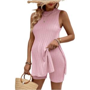 imageMakeMeChic Womens Maternity Pajama Set Loungewear Knit Tank Tops Biker Shorts Pregnancy SetPink Solid