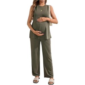 imageMakeMeChic Womens Maternity Pajamas Lounge Sets 2 Piece Outfits Sleeveless Tank Top and Pants Pregnancy SetDark Green