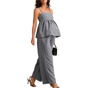 imageMakeMeChic Womens Maternity Two Piece Sets Striped Ruffle Tank Tops and Wide Leg Pants Going Out OutfitsGrey
