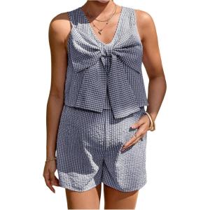 imageMakeMeChic Womens Y2k Maternity Plaid Print Summer 2 Piece Outfits V Neck Sleeveless Bow Knot Front Tank Tops and Shorts SetBlue