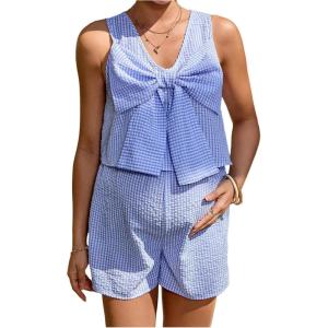 imageMakeMeChic Womens Y2k Maternity Plaid Print Summer 2 Piece Outfits V Neck Sleeveless Bow Knot Front Tank Tops and Shorts SetBlue and White