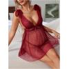imageMakeMeChic Womens Maternity 2 Piece Heart Deep V Neck Mesh Babydoll Nightgown Lingerie Set with ThongBurgundy