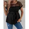 imageMakeMeChic Womens Maternity Blouse Crew Neck Short Sleeve Contrast Mesh Belted Pregnancy TopBlack
