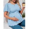 imageMakeMeChic Womens Maternity Blouse Short Sleeve Crew Neck Scallop Trim Belted Pregnancy TopsBlue