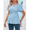 imageMakeMeChic Womens Maternity Blouse Short Sleeve Crew Neck Scallop Trim Belted Pregnancy TopsBlue