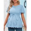imageMakeMeChic Womens Maternity Blouse Short Sleeve Crew Neck Scallop Trim Belted Pregnancy TopsBlue