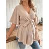 imageMakeMeChic Womens Maternity Blouse V Neck Wrap Ruffle Short Sleeve Belted Pregnancy ShirtApricot