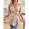 imageMakeMeChic Womens Maternity Blouse V Neck Wrap Ruffle Short Sleeve Belted Pregnancy ShirtApricot
