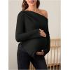 imageMakeMeChic Womens Maternity Tops One Shoulder Ruched Asymmetrical Lettuce Trim Pregnancy Rib Knit Tee ShirtBlack