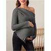 imageMakeMeChic Womens Maternity Tops One Shoulder Ruched Asymmetrical Lettuce Trim Pregnancy Rib Knit Tee ShirtDark Grey