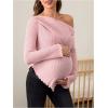 imageMakeMeChic Womens Maternity Tops One Shoulder Ruched Asymmetrical Lettuce Trim Pregnancy Rib Knit Tee ShirtPink