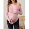 imageMakeMeChic Womens Maternity Tops One Shoulder Ruched Asymmetrical Lettuce Trim Pregnancy Rib Knit Tee ShirtPink