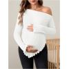 imageMakeMeChic Womens Maternity Tops One Shoulder Ruched Asymmetrical Lettuce Trim Pregnancy Rib Knit Tee ShirtWhite