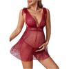 imageMakeMeChic Womens Maternity 2 Piece Heart Deep V Neck Mesh Babydoll Nightgown Lingerie Set with ThongBurgundy