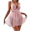 imageMakeMeChic Womens Maternity 2 Piece Heart Deep V Neck Mesh Babydoll Nightgown Lingerie Set with ThongPink