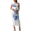 imageMakeMeChic Womens Maternity 2 Piece Summer Outfit Floral Asymmetrical Crop Top and Long Skirt Pregnancy SetsBlue