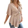 imageMakeMeChic Womens Maternity Blouse V Neck Wrap Ruffle Short Sleeve Belted Pregnancy ShirtApricot