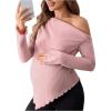 imageMakeMeChic Womens Maternity Tops One Shoulder Ruched Asymmetrical Lettuce Trim Pregnancy Rib Knit Tee ShirtPink