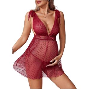 imageMakeMeChic Womens Maternity 2 Piece Heart Deep V Neck Mesh Babydoll Nightgown Lingerie Set with ThongBurgundy