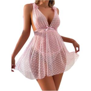 imageMakeMeChic Womens Maternity 2 Piece Heart Deep V Neck Mesh Babydoll Nightgown Lingerie Set with ThongPink