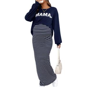 imageMakeMeChic Womens Maternity 2 Piece Outfits Letter Graphic Tee Shirt and Striped Bodycon Maxi Maternity DressBlue
