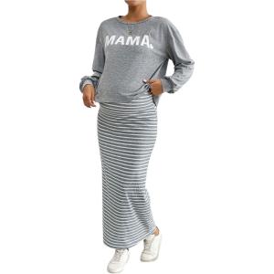 imageMakeMeChic Womens Maternity 2 Piece Outfits Letter Graphic Tee Shirt and Striped Bodycon Maxi Maternity DressGrey