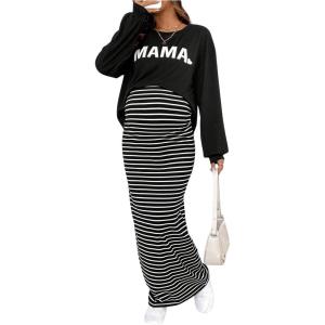 imageMakeMeChic Womens Maternity 2 Piece Outfits Letter Graphic Tee Shirt and Striped Bodycon Maxi Maternity DressMulticolor