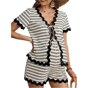 imageMakeMeChic Womens Maternity 2 Piece Outfits Summer V Neck Short Sleeve Tee Top and Shorts SetBlack and White