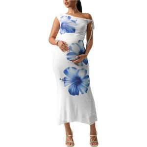 imageMakeMeChic Womens Maternity 2 Piece Summer Outfit Floral Asymmetrical Crop Top and Long Skirt Pregnancy SetsBlue