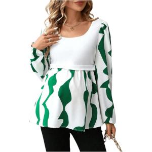 imageMakeMeChic Womens Maternity Blouse Graphic Print Lantern Sleeve Scoop Neck Pregnancy TopsGreen