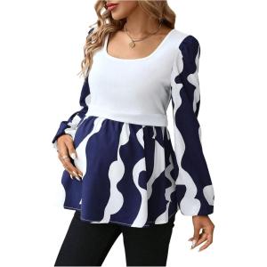 imageMakeMeChic Womens Maternity Blouse Graphic Print Lantern Sleeve Scoop Neck Pregnancy TopsRoyal Blue