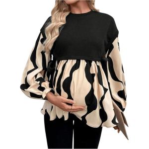 imageMakeMeChic Womens Maternity Blouse Graphic Print Long Sleeve Round Neck Shirts Peplum TopsBlack and White