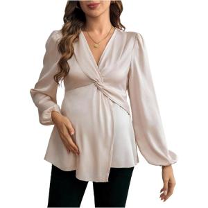 imageMakeMeChic Womens Maternity Blouse Twisted V Neck Lantern Sleeve Elegant Pregnancy Peplum TopsApricot