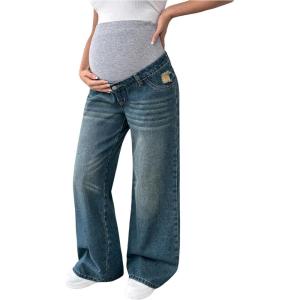 imageMakeMeChic Womens Maternity Bootcut Jeans Wide Leg Over The Belly Straight Pregnancy Denim PantsBlue