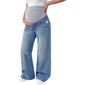 imageMakeMeChic Womens Maternity Bootcut Jeans Wide Leg Over The Belly Straight Pregnancy Denim PantsDark Wash