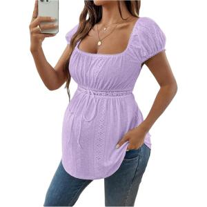 imageMakeMeChic Womens Maternity Clothes Square Neck Short Sleeve Eyelet Embroidery Pregnancy Summer TopsPurple