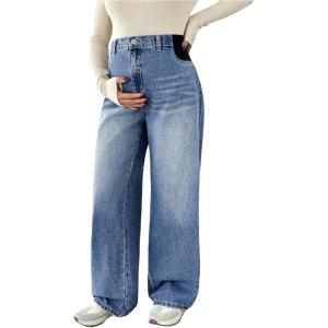 imageMakeMeChic Womens Maternity Jeans Loose Wide Leg Over The Belly Straight Pregnancy Jeans Denim PantsBlue and White