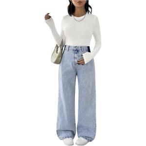 imageMakeMeChic Womens Maternity Jeans Loose Wide Leg Over The Belly Straight Pregnancy Jeans Denim PantsLight Wash