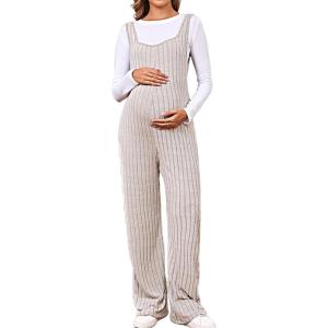 imageMakeMeChic Womens Maternity Jumpsuits Sleeveless Rib Knitted Straight Leg Overalls RomperApricot