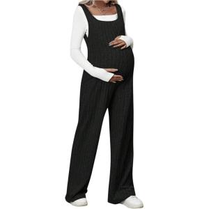 imageMakeMeChic Womens Maternity Jumpsuits Sleeveless Rib Knitted Straight Leg Overalls RomperBlack