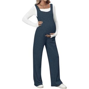 imageMakeMeChic Womens Maternity Jumpsuits Sleeveless Rib Knitted Straight Leg Overalls RomperDusty Blue