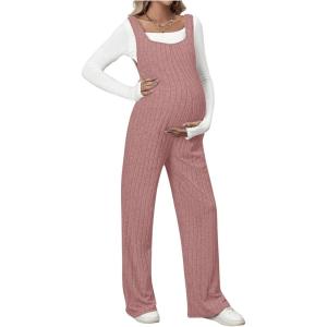 imageMakeMeChic Womens Maternity Jumpsuits Sleeveless Rib Knitted Straight Leg Overalls RomperDusty Pink