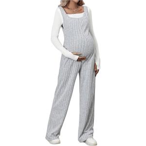 imageMakeMeChic Womens Maternity Jumpsuits Sleeveless Rib Knitted Straight Leg Overalls RomperGrey