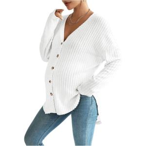 imageMakeMeChic Womens Maternity Long Sleeve Shirt Knit Nursing Tee Tops Button Down ShirtWhite
