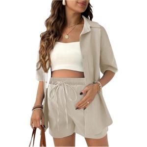 imageMakeMeChic Womens Maternity Outfits Striped Button Down Shirt and Shorts Pregnancy SetApricot