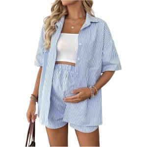 imageMakeMeChic Womens Maternity Outfits Striped Button Down Shirt and Shorts Pregnancy SetBlue
