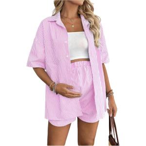 imageMakeMeChic Womens Maternity Outfits Striped Button Down Shirt and Shorts Pregnancy SetPink