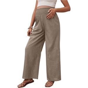 imageMakeMeChic Womens Maternity Pants Elastic Waist Wide Leg Frill Trim Loose Pregnancy Linen Palazzo TrousersKhaki