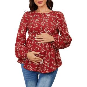 imageMakeMeChic Womens Maternity Shirt Floral Long Sleeve Belted Pregnancy Peplum Blouse TopBurgundy 1